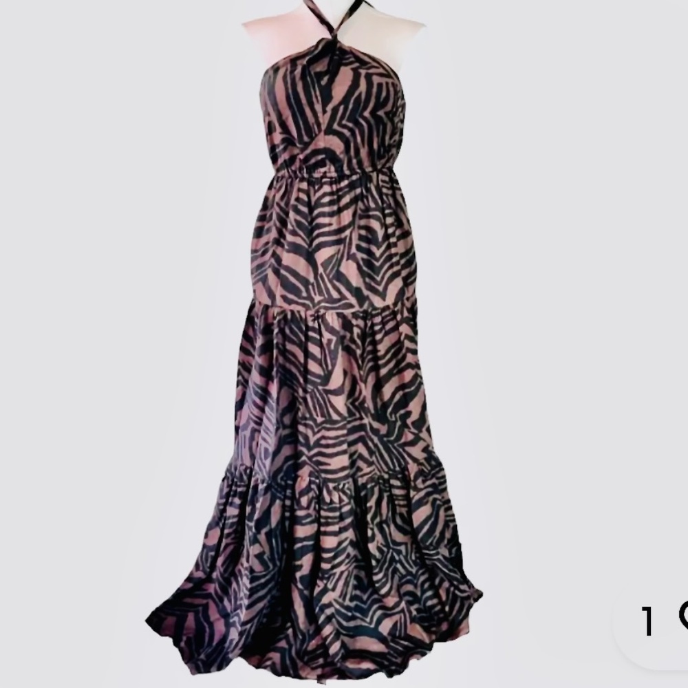 Animal Print Linen Halter Maxi Dress Black Brown